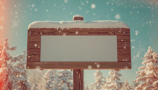 Blank Wooden Signboard in Snow-Covered Forest