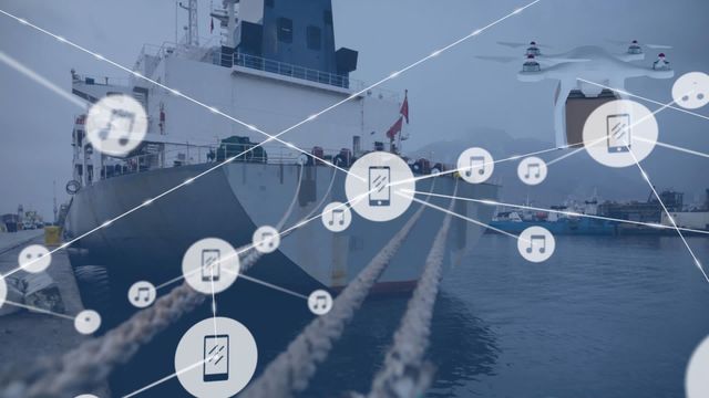 Drone flying over a cargo ship moored at port, with digital icons connected by lines overlayed, symbolizing integrated technology and digital networks in freight transport. Useful for illustrating smart logistics, connected technology in shipping, modern surveillance methods, and advanced transport solutions.