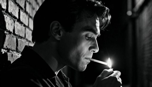 Noir man lighting cigarette in narrow brick alley at night, moody monochrome closeup