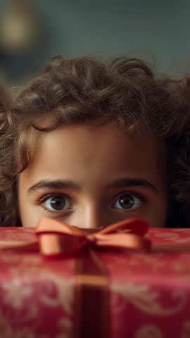 Curious child peeking over red gift, blinking and shifting gaze in vertical video