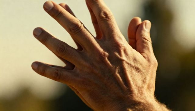 Clapping adult hands in golden hour light showing veins and skin texture closeup