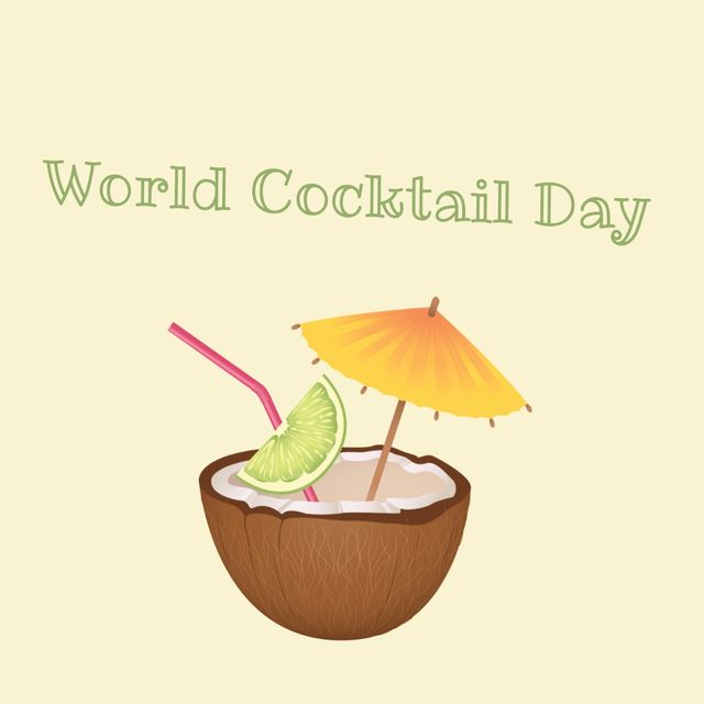 World cocktail day text banner with coconut cocktail icon against yellow background. world cocktail day awareness concept