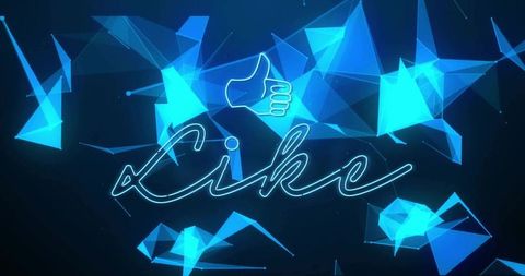 Neon like cursive script with thumbs-up floating over futuristic blue polygon mesh