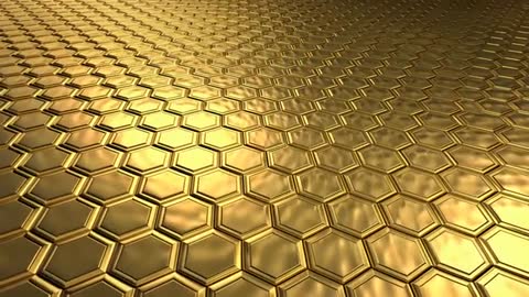Camera Moving Forward over Gold Honeycomb Plane with Beveled Hexagons and Reflective Shine