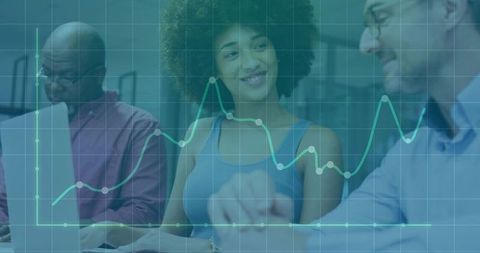 Diverse Team Analyzing Data with Interactive Chart Overlay