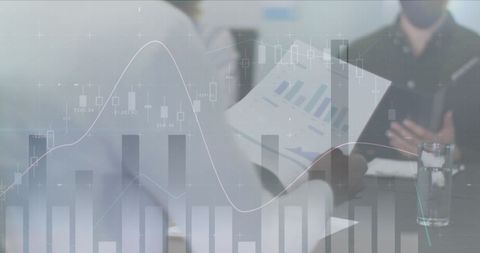 Business Meeting Amidst Data Overlay During Pandemic