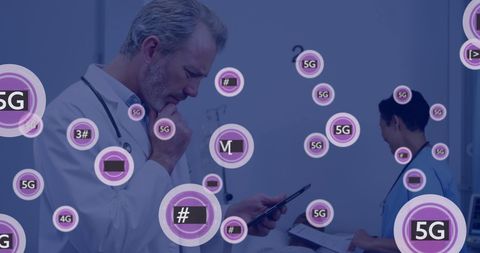 Doctor Using Smartphone Amidst 5G Network Symbols in Hospital