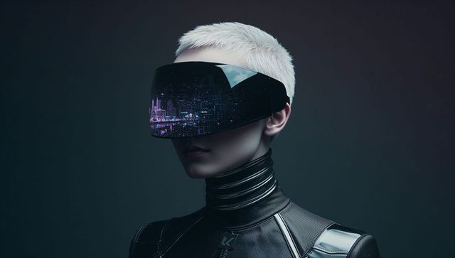 Futuristic model wearing glossy vr visor and metallic bodysuit with neon city reflection