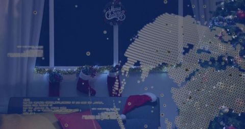 Cozy living room blending festive decor with digital world map overlay for tech holidays