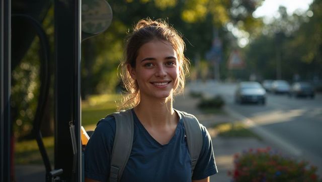 Smiling teenage girl with backpack at bus doorway during golden hour on suburban street
