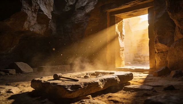 Sunlit ancient tomb slab with chisel marks and mallet, dust-filled burial chamber interior