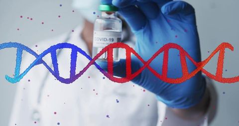 Medical scientist holding covid-19 vaccine vial with dna helix overlay for genomics
