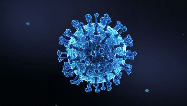 High-detail 3d viral particle with glowing spike proteins and neon cyan membrane