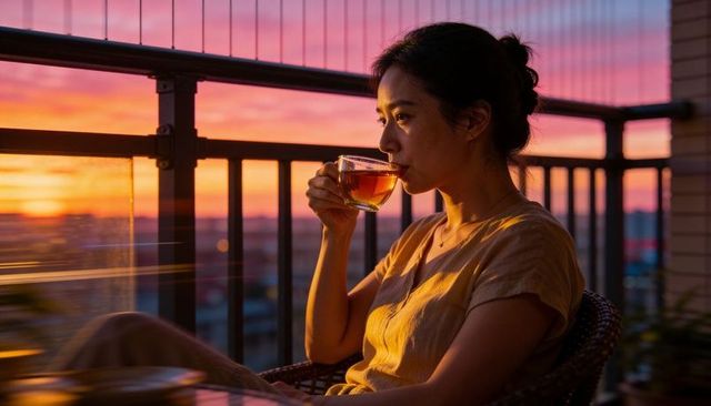 Woman sipping tea on balcony during golden sunset over urban skyline, calm evening ritual