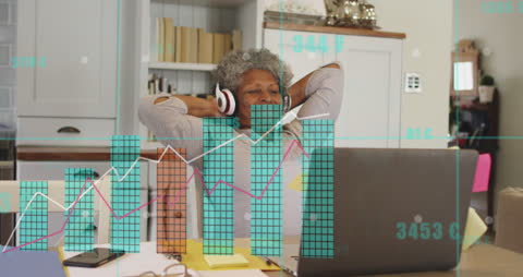 Senior Woman Relaxing with Financial Data Charts