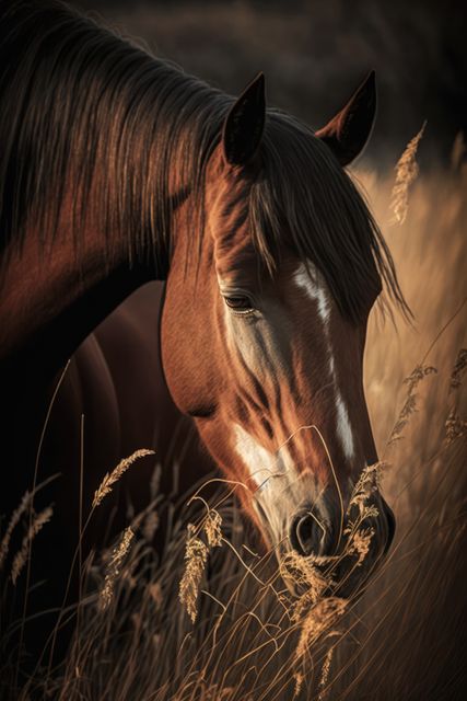 Capturing tranquil scene of a chestnut horse grazing in a golden field at sunset, this image is ideal for promoting equine products, rural lifestyle magazines, nature-focused blogs, and farm-related businesses. Its serene and peaceful mood also makes it suitable for wall art in homes and offices that highlight nature and countryside themes.