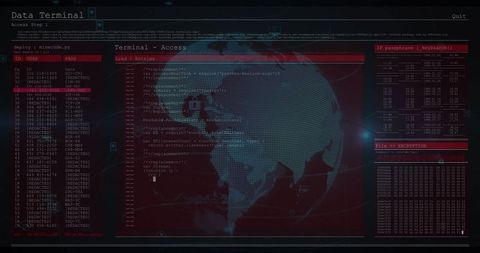 Futuristic data terminal with digital globe and code interface