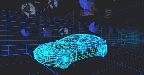 Cyan Wireframe Car Rotating on Neon Grid with Holographic HUD for Automotive Design