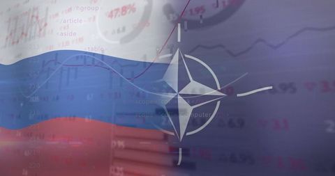 Waving Russian Tricolor Flag with NATO Emblem over Financial Charts and Red Trend Line