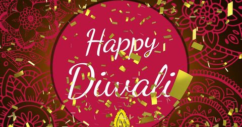 Diwali Celebration Greeting with Golden Confetti on Red Background