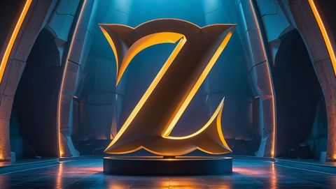 Golden z sculpture in ambient stone hall