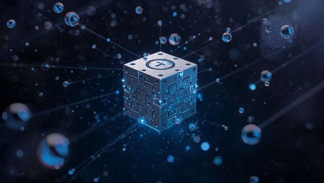 Futuristic metallic circuit cube in cyberspace