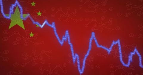 Stock market decline with chinese flag and digital connections symbolizing downturn