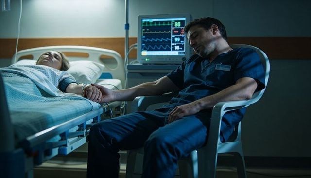 Holding patient hand, nurse beside hospital bed monitoring vital signs overnight vigil