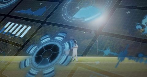 Cricket players analyzing performance data with augmented reality overlays on grassy field