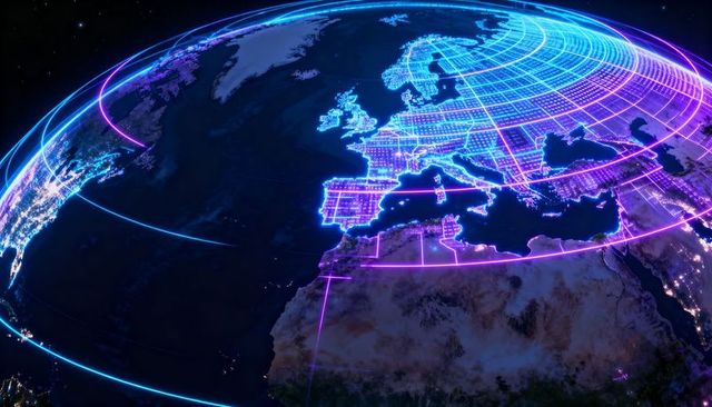 Neon digital globe highlighting europe with grid, city lights and orbital data arcs
