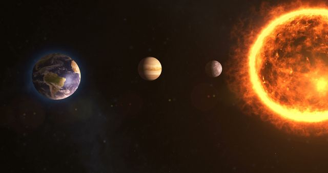 Earth, Jupiter, and another planet aligned with the Sun in the background. Useful for educational materials on astronomy, space exploration visuals, science presentations, or articles explaining planetary positioning and solar system objects.