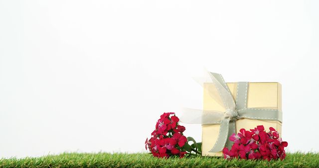 Gift box with elegant ribbon sits on grass next to red flowers on white background. Useful for promotions, celebrations, holidays, and nature-themed events.