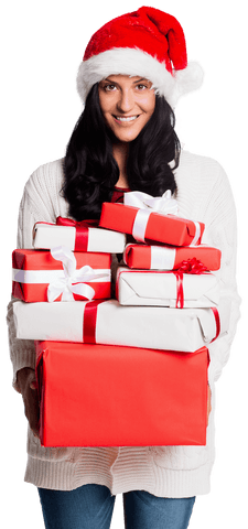 Happy Woman Carrying Christmas Presents in Santa Hat on Transparent Background