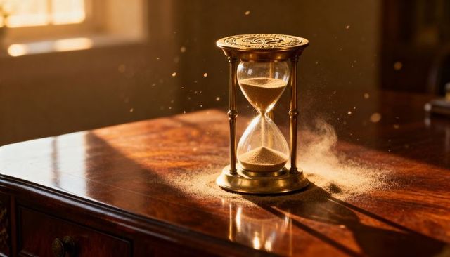 Antique brass hourglass pouring sand on polished wooden desk in sunlight, dust particles