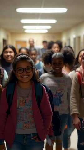 Smiling student leading classmates walking down school hallway with backpacks | Vertical video