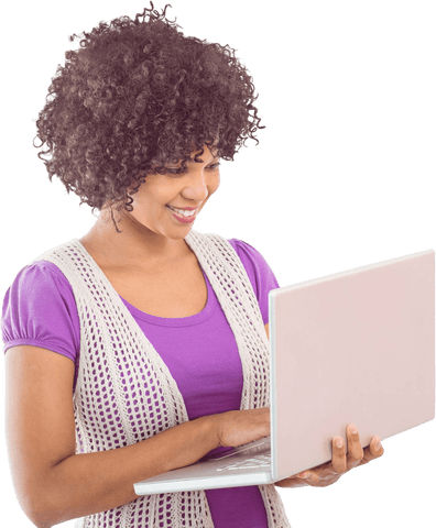 Smiling Biracial Woman Using Laptop on Transparent Background