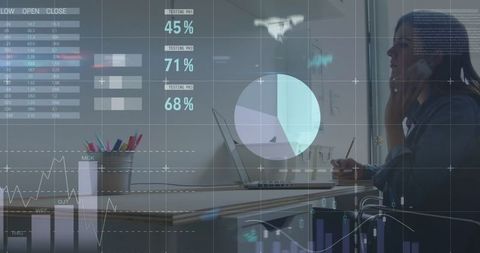 Businesswoman Analyzing Data with Digital Interface Projections