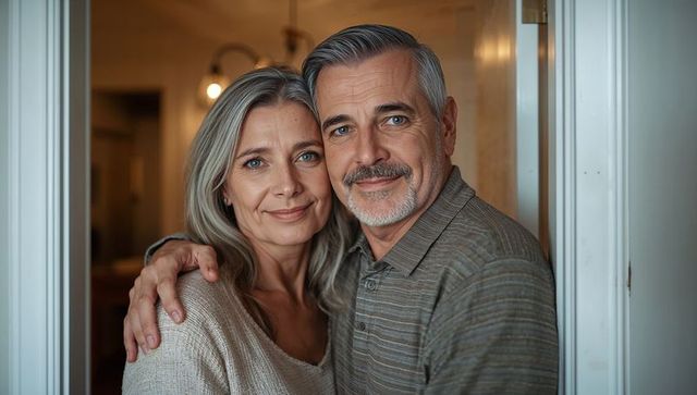 Mature couple embracing in doorway, sharing warmth and companionship, cozy home portrait