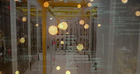Data processing overlay on modern server room with glowing lights