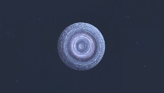 Rotating concentric spiral disk emitting pale blue-violet glow featuring pixel rings