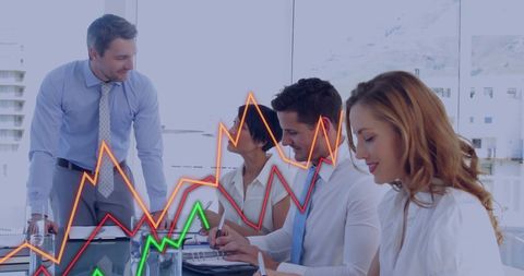 Business Meeting with Financial Graphs Overlaid in Office Setting