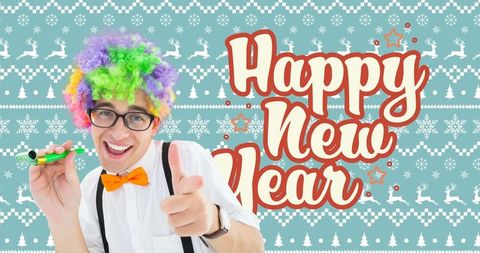 Festive new year greetings with colorful clown
