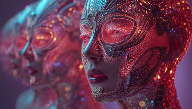 Abstract avant-garde mannequin busts with filigree jeweled masks