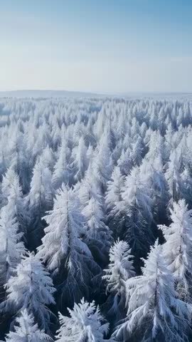 Drone gliding over frosted taiga canopy vertical video descending through winter evergreen forest