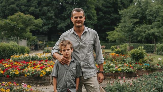 Father and son standing among colorful raised beds in backyard garden, bonding moment