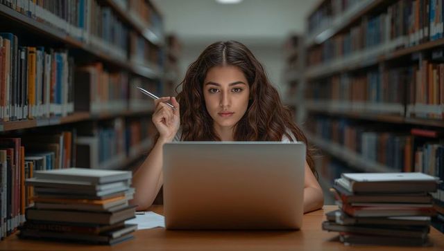 Female Student Studying on Laptop in Library Surrounded by Books, Concentrating