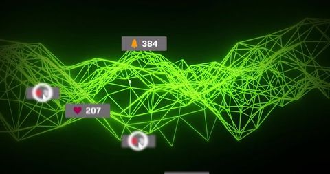 Neon Green Wireframe Undulating Over Dark Background Displaying Social Notification Badges