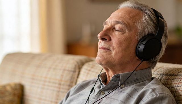 Senior man relaxing on sofa wearing headphones enjoying music and quiet reflection