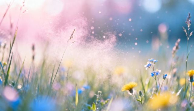 Pastel wildflower meadow with drifting pollen, sunlit bokeh and soft focus