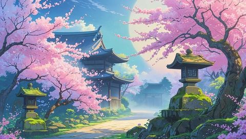 Serene moonlit anime cherry blossom temple landscape